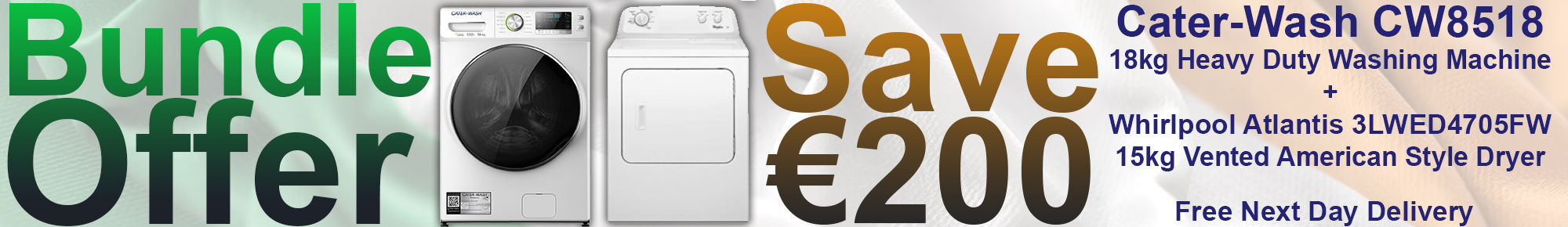 bundle offer for the cw8518 18kg heavy duty washing machine and whirlpool 15kg vented tumble dryer